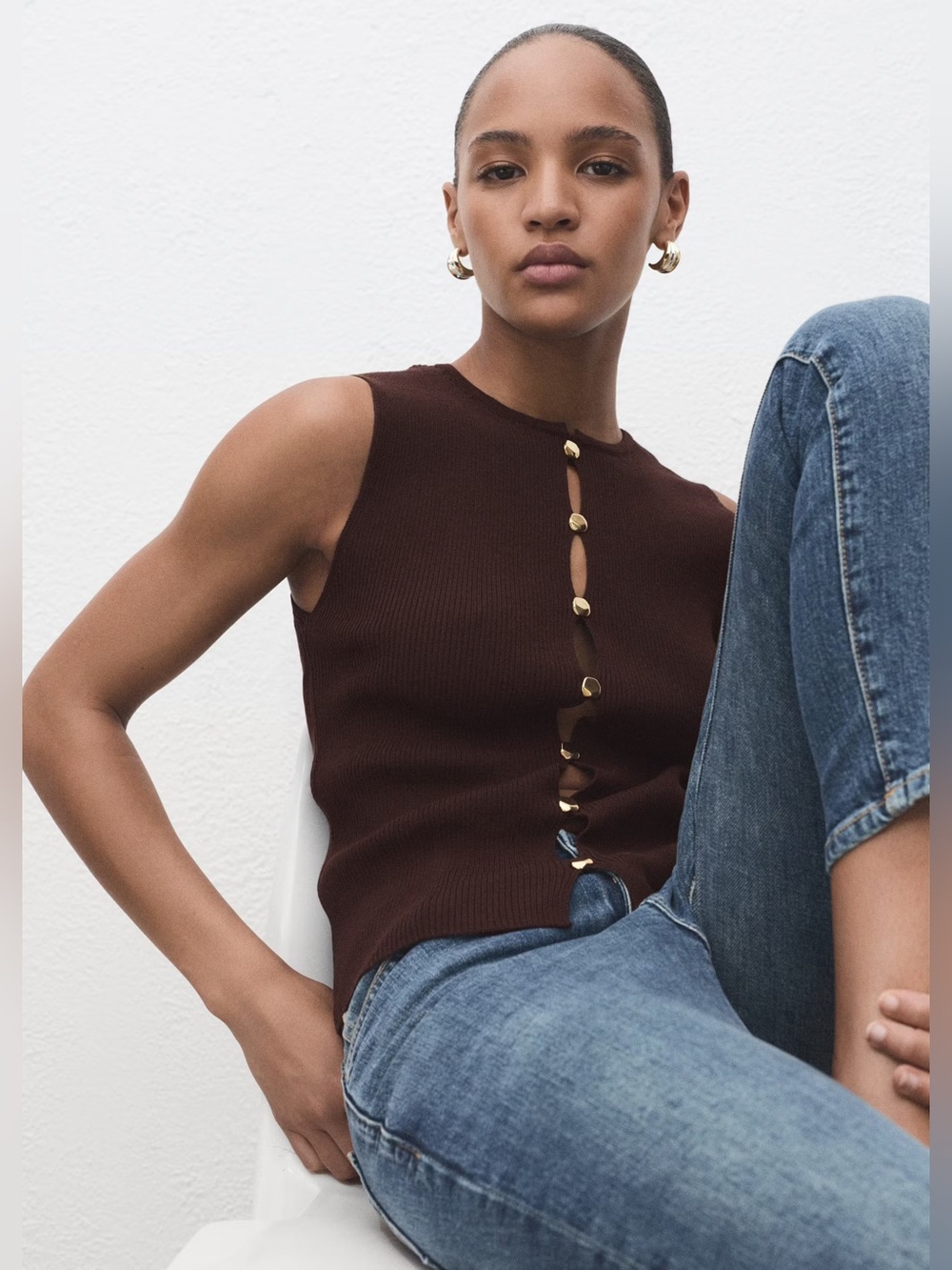 Mango Brown knitted waistcoat with slits NWT - Picture 5 of 7